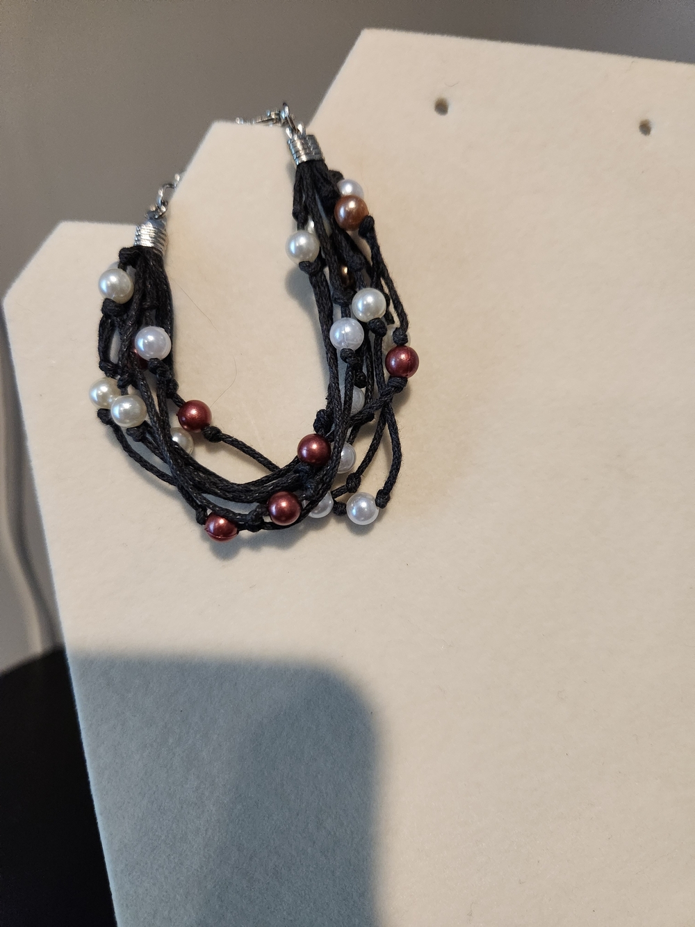 Multi-Strand Black Cord Bracelet with White and Burgundy Pearls - Women Jewelry